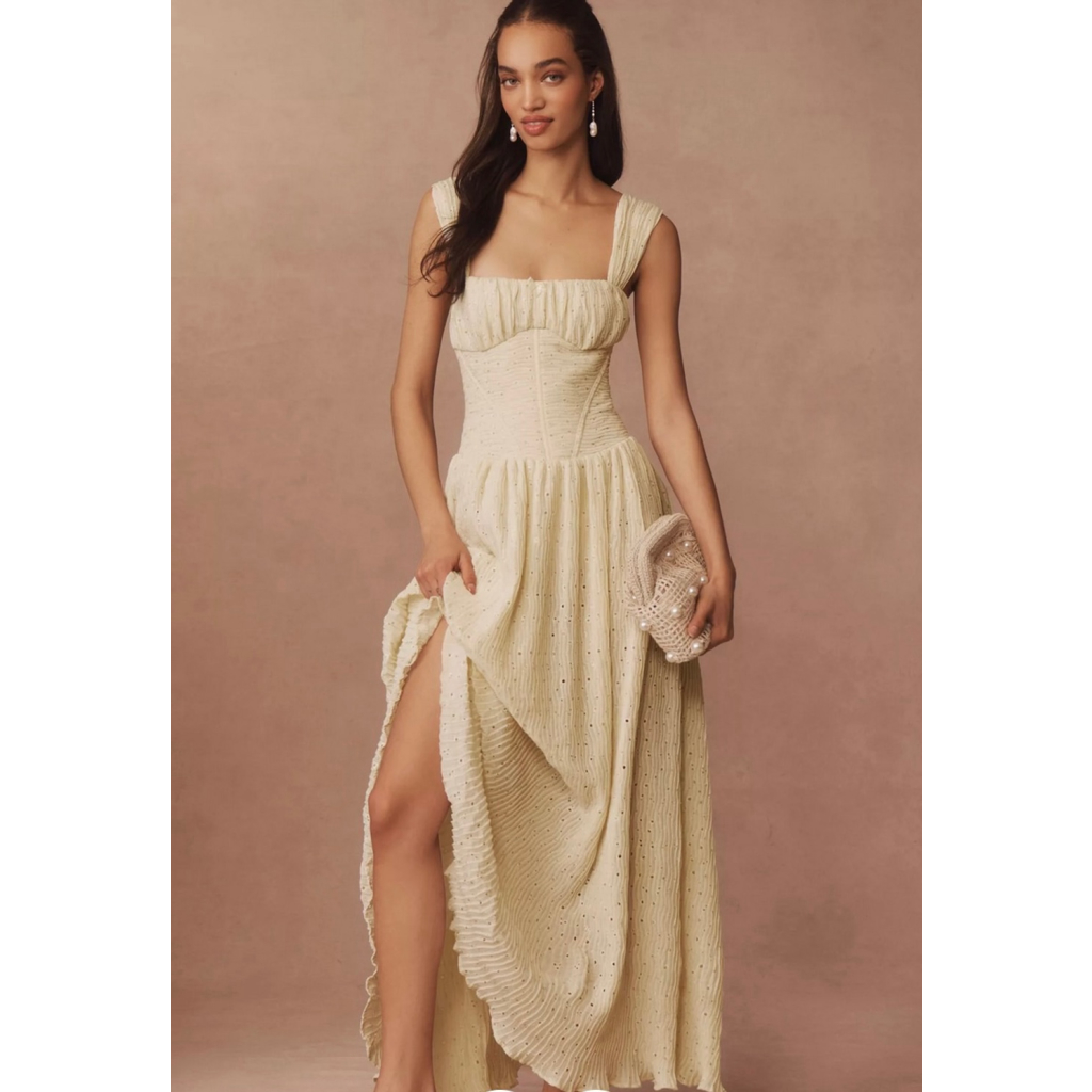 For Love & Lemons Bustier Maxi Dress Eyelet Corset Yellow Small